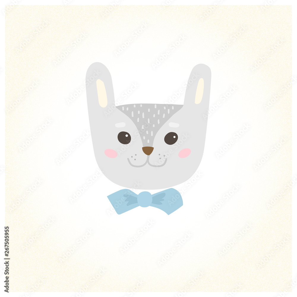Obraz premium Cute cartoon character of a rabbit in a bow tie. Cool picture is great for children's products: clothes, textiles, postcards, stationery products and other things. Vector illustration.