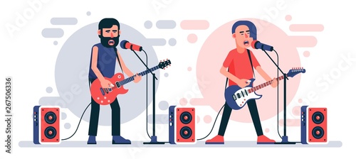 Rock singer with an electric guitar sings into microphone on stage. Rockstar character. Vector flat illustration.