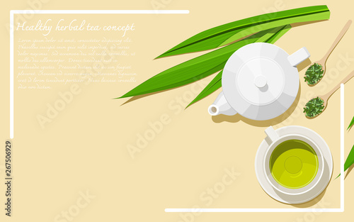 Healthy herbal tea concept. Alternative medicine from herbs. A tea set with dried and fresh pandan leaves. Top view. Flat lay. Copy space. Vector illustration.