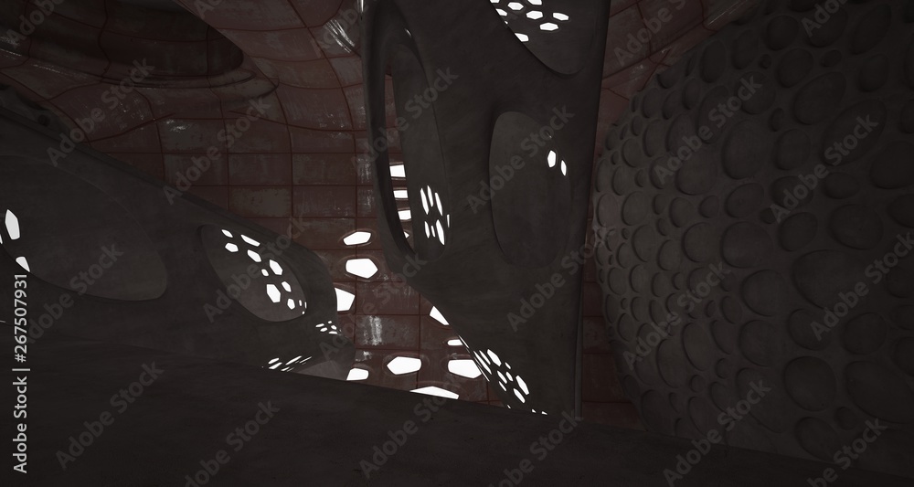 Empty smooth abstract room interior of sheets rusted metal. Architectural background. Night view of the illuminated. 3D illustration and rendering Empty smooth abstract room interior of sheets rusted metal. Architectural background. Night view of the illuminated. 3D illustration and rendering