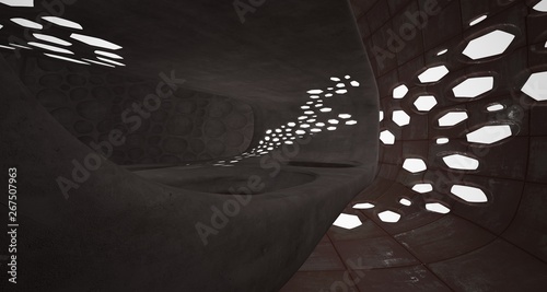 Empty smooth abstract room interior of sheets rusted metal. Architectural background. Night view of the illuminated. 3D illustration and rendering
