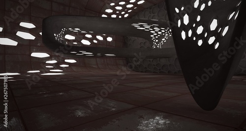 Empty smooth abstract room interior of sheets rusted metal. Architectural background. Night view of the illuminated. 3D illustration and rendering