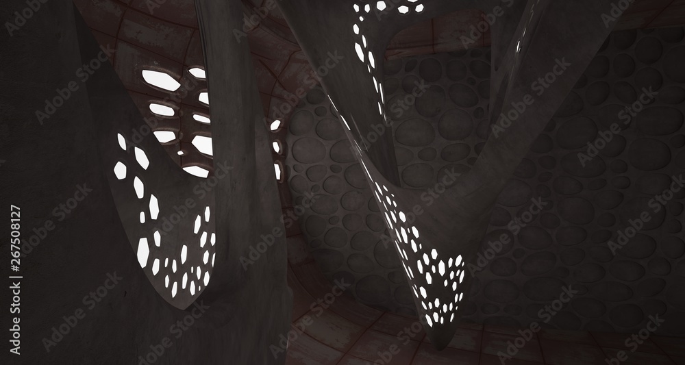 Empty smooth abstract room interior of sheets rusted metal. Architectural background. Night view of the illuminated. 3D illustration and rendering Empty smooth abstract room interior of sheets rusted metal. Architectural background. Night view of the illuminated. 3D illustration and rendering