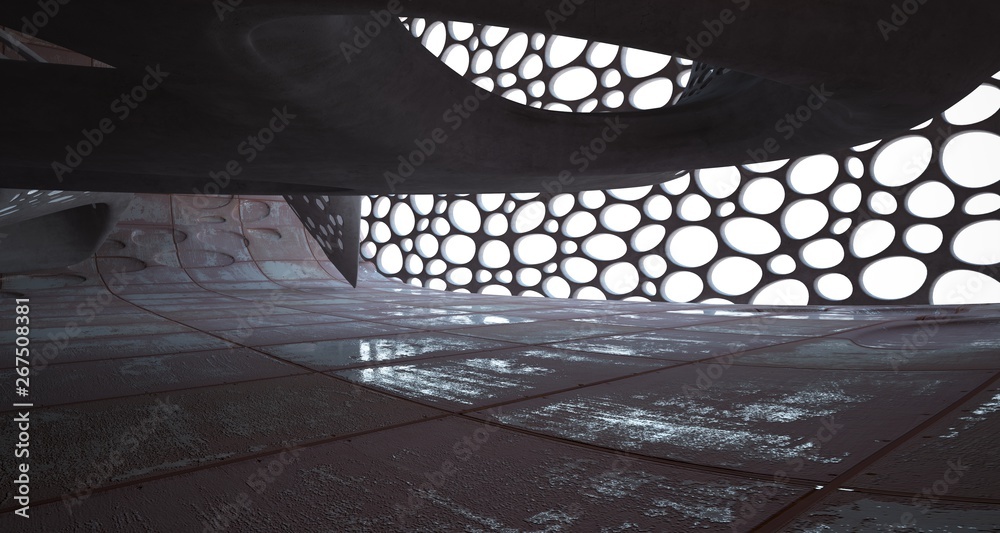 Empty smooth abstract room interior of sheets rusted metal . Architectural background. 3D illustration and rendering