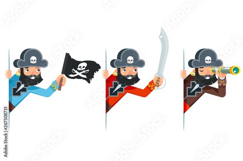 Spyglass telescope saber skull flag sea dog pirate buccaneer filibuster corsair look out corner cartoon characters set flat design vector illustration