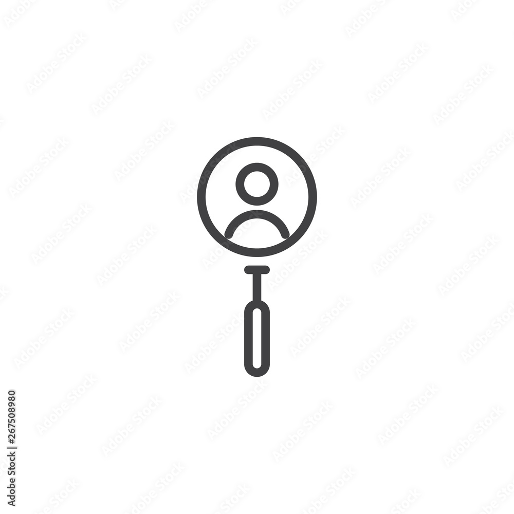 Employee search line icon. Man and magnifier linear style sign for mobile concept and web design. Recruitment employee outline vector icon. Symbol, logo illustration. Pixel perfect vector graphics Employee search line icon. Man and magnifier linear style sign for mobile concept and web design. Recruitment employee outline vector icon. Symbol, logo illustration. Pixel perfect vector graphics
