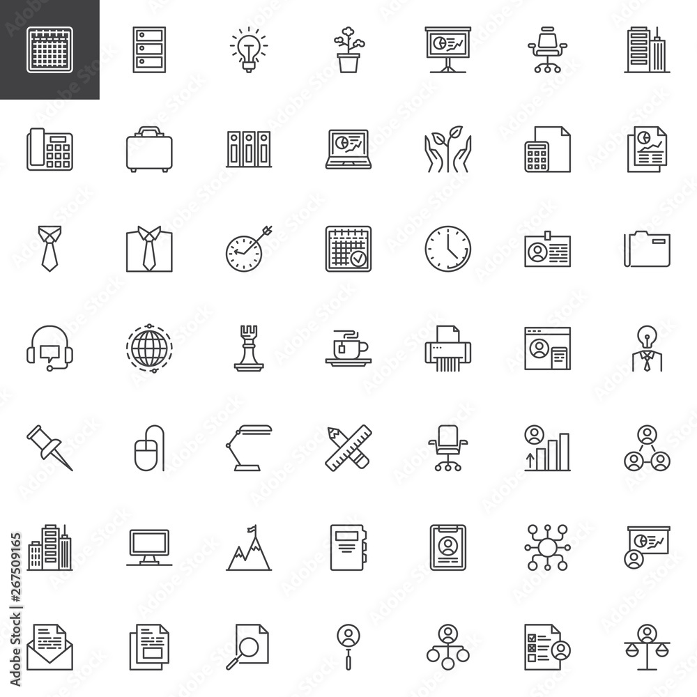 Office and corporate business line icons set. linear style symbols collection, outline signs pack. vector graphics. Set includes icons as Calendar page, Idea lamp, Presentation board, Team Management 