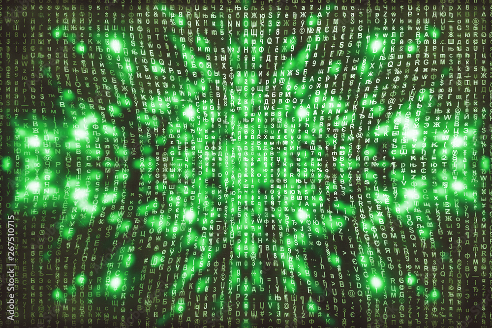 Green matrix digital background. Abstract cyberspace concept. Characters fall down. Matrix from symbols stream. Virtual reality design. Complex algorithm data hacking. Green digital sparks. Green matrix digital background. Abstract cyberspace concept. Characters fall down. Matrix from symbols stream. Virtual reality design. Complex algorithm data hacking. Green digital sparks.