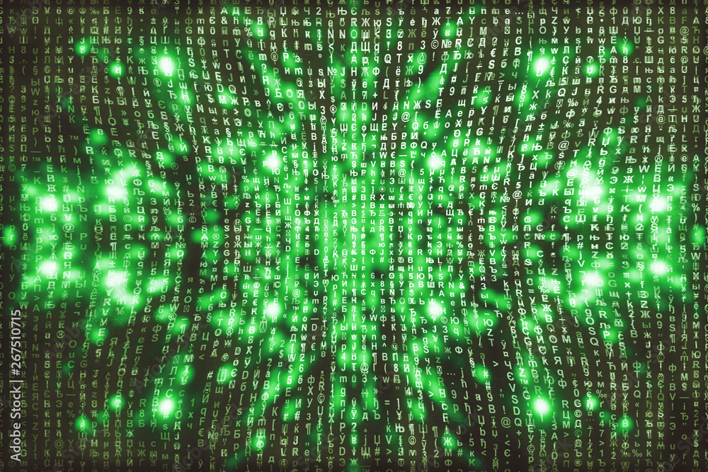 Green matrix digital background. Abstract cyberspace concept. Characters fall down. Matrix from symbols stream. Virtual reality design. Complex algorithm data hacking. Green digital sparks.