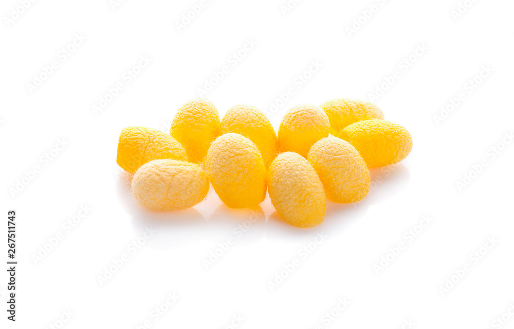 yellow thai silkworm cocoons pile isolated on white background. yellow thai silkworm cocoons pile isolated on white background.