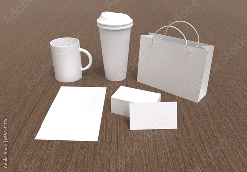 Mockups set for branding. Business card template, tea cup, coffee cup, bag and blank on wood background. Realistic 3d render illustration.