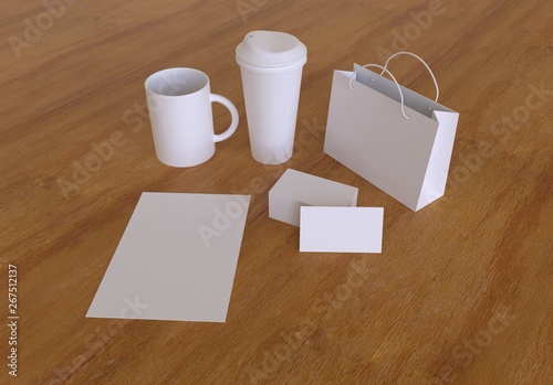 Mockups set for branding. Business card template, tea cup, coffee cup, bag and blank on light wood background. Realistic 3d render illustration.