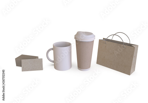 Mockups set for branding. Craft paper business card template, tea cup, coffee cup, bag and blank on transparent background. Realistic 3d render illustration