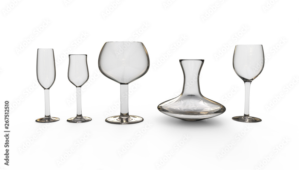 Pure transparent wine glasses and wine decanter isolated on white. Realistic 3d illustration set.