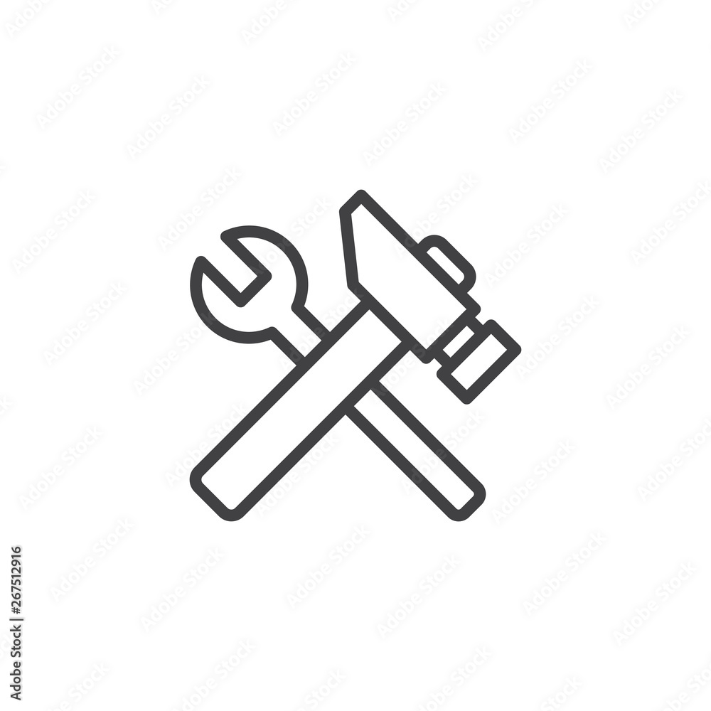 Spanner and hammer line icon. linear style sign for mobile concept and web design. Repair service outline vector icon. Symbol, logo illustration. Pixel perfect vector graphics Spanner and hammer line icon. linear style sign for mobile concept and web design. Repair service outline vector icon. Symbol, logo illustration. Pixel perfect vector graphics