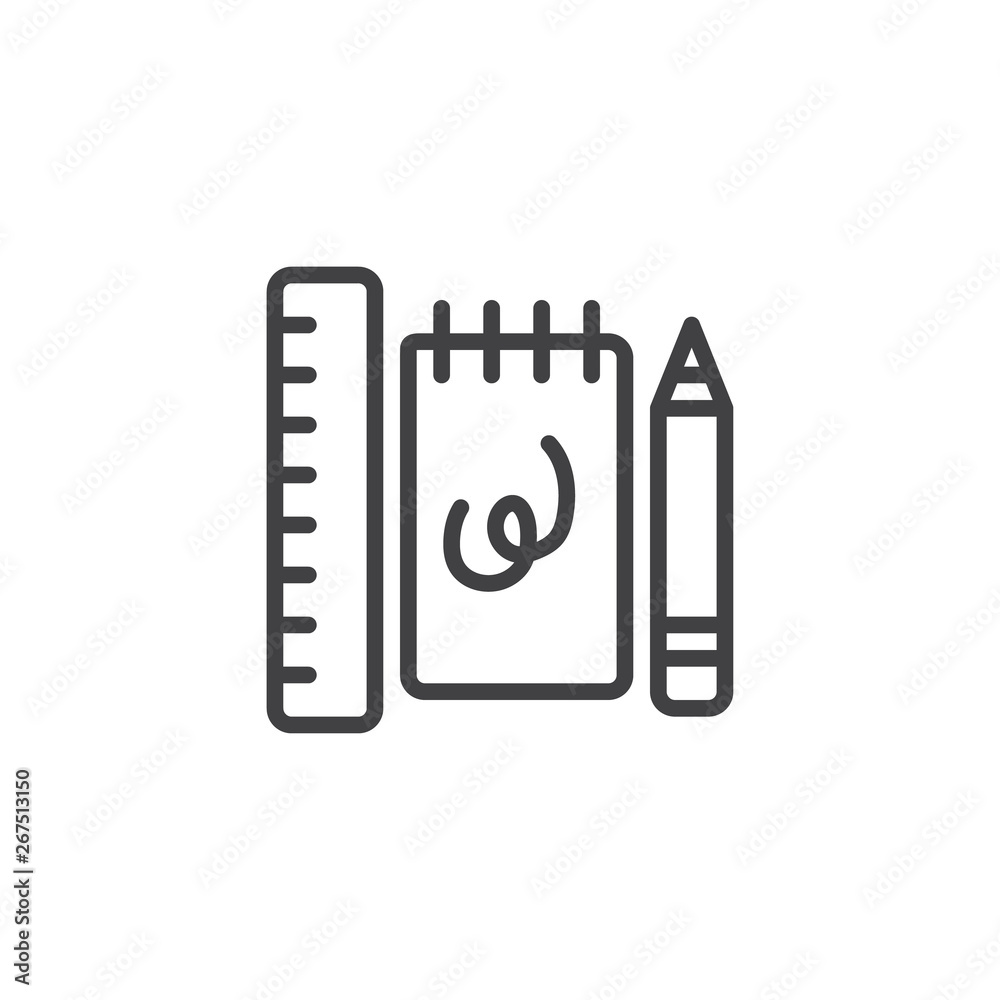 Notebook pen and ruler line icon. linear style sign for mobile concept and web design. Drawing tools outline vector icon. Symbol, logo illustration. Pixel perfect vector graphics Notebook pen and ruler line icon. linear style sign for mobile concept and web design. Drawing tools outline vector icon. Symbol, logo illustration. Pixel perfect vector graphics