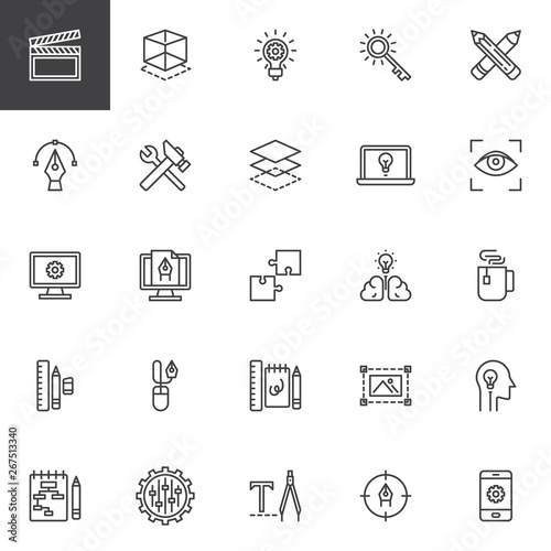 Creative process design line icons set. linear style symbols collection, outline signs pack. vector graphics. Set includes icons as 3d modeling, Idea lamp, curvature tool, brain light bulb, art design