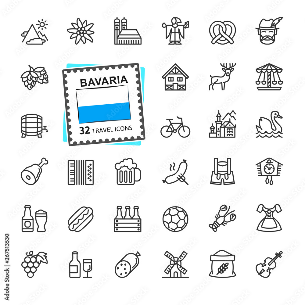 Bavaria, Bavarian, Bayern - minimal thin line web icon set.  Outline icons collection. World Travel tourism. Simple vector illustration.