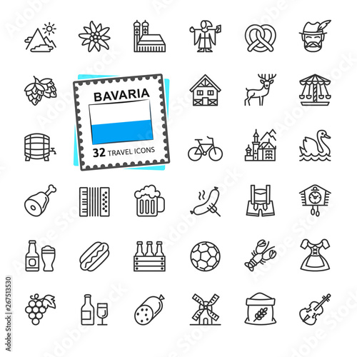 Bavaria, Bavarian, Bayern - minimal thin line web icon set.  Outline icons collection. World Travel tourism. Simple vector illustration.