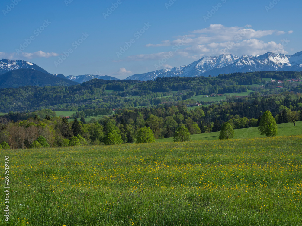 Beautiful spring rural mountain landscape in the Bavarian Alps with village and snow covered mountain peaks massif in the background. Bavaria, Germany