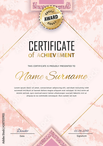 Pink certificate template. Luxury white pink marble with gold square for department cosmetic, parfume, stores, business