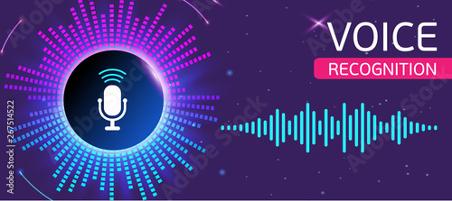 Bright banner for voice and sound recording with glowing equalizer on dark background. vector Illustration.