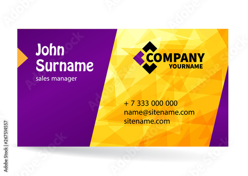 Business card bright design with yellow background of chaotically moving triangles. Modern dynamic background for your company. Vector illustration.