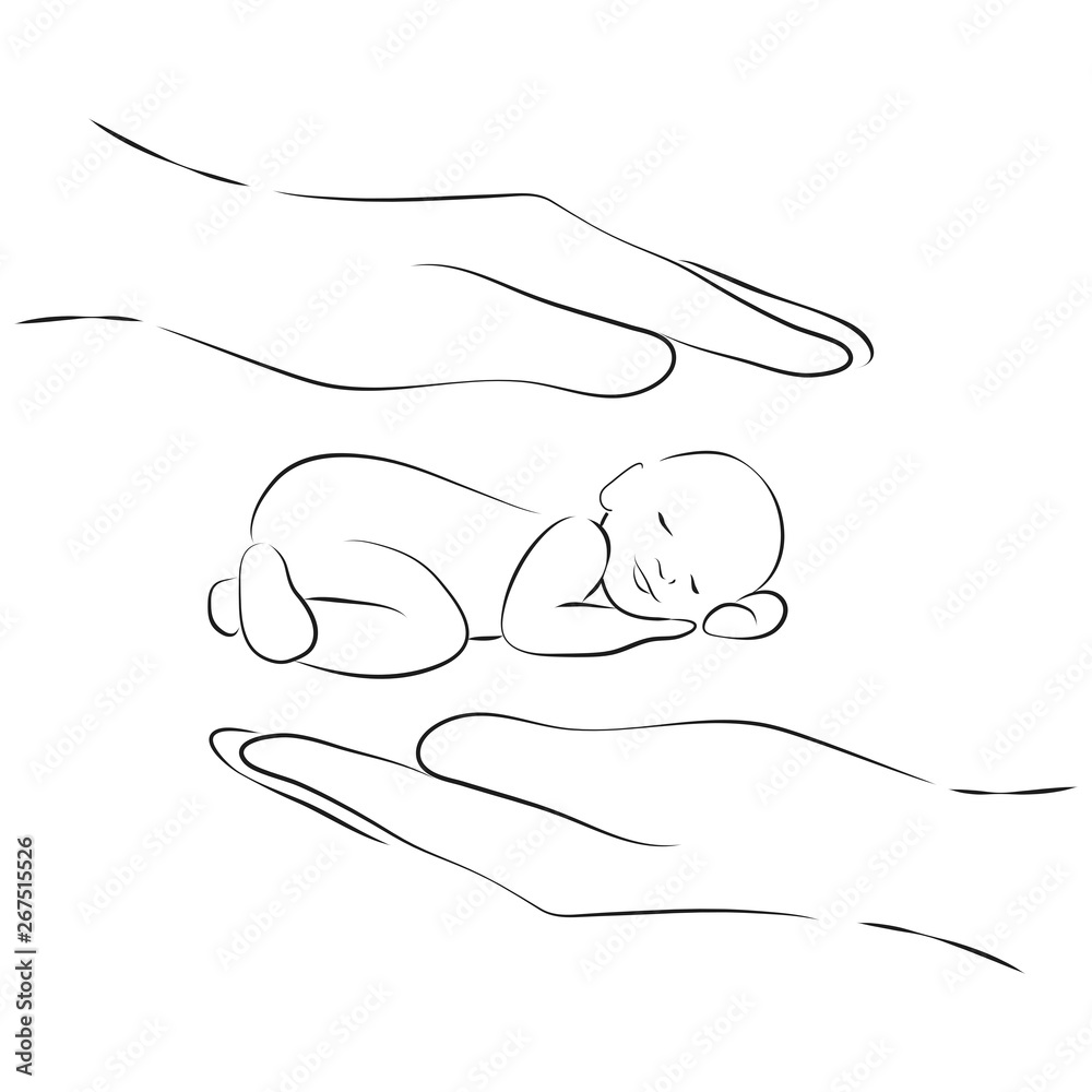 Sleeping baby between the hands, stylized line logo. Vector illustration for logos, signs, icons and design cards, invitations and baby shower