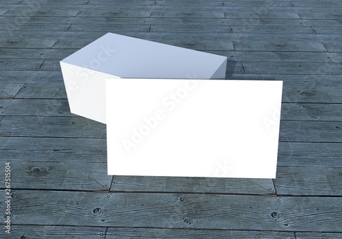 Mockup business card template on grey wood background. Realistic 3d render illustration