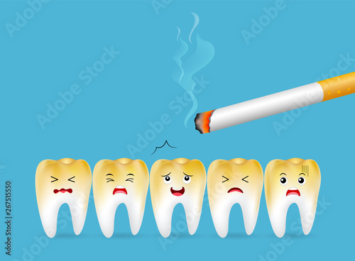 Teeth with cigarette. Smoking effect on human teeth. Dental care concept. Stop smoking, World No Tobacco Day. Illustration on blue background.