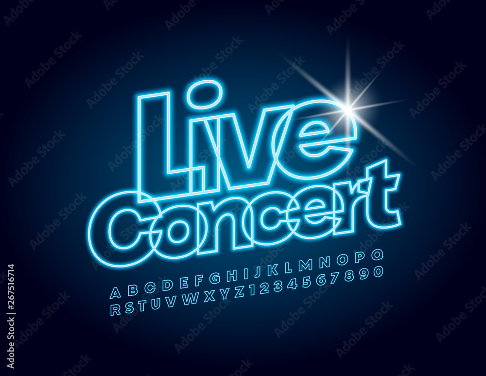 Fototapeta premium Vector Blue Neon poster Live Concert with Uppercase Font. Illuminated bright Alphabet Letters and Numbers 