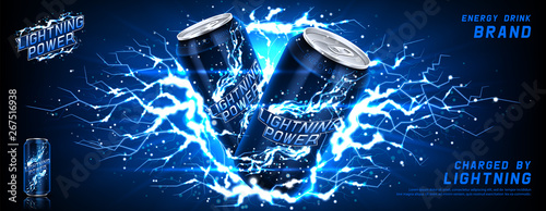 Energy drink ads banner. Vector illustration with energy drink can, bright lightnings and shining thunderstorms. Realistic 3d illustration.