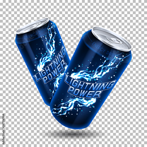 Energy drink cans template. Vector illustration with energy drink cans isolated on transparent background. Realistic 3d illustration.