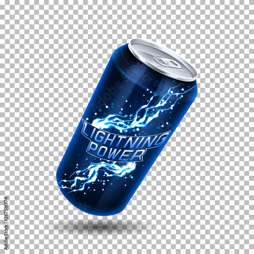 Energy drink can template. Vector illustration with energy drink can isolated on transparent background. Realistic 3d illustration.