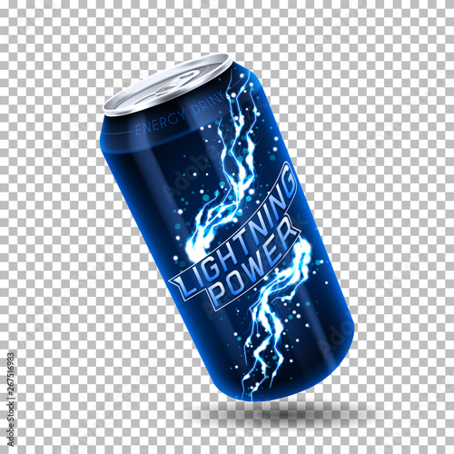 Energy drink can template. Vector illustration with energy drink can isolated on transparent background. Realistic 3d illustration.