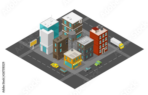 City street district quarter Isometric the road around. Cars and buildings town top view 3d. Vector illustration.