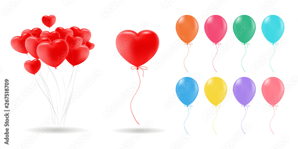 Collection of 3d realistic vector helium balloons red, gold, yellow, purple, blue, green... for birthday, party, celebration flying baloon design isolated on white background Vector illustration