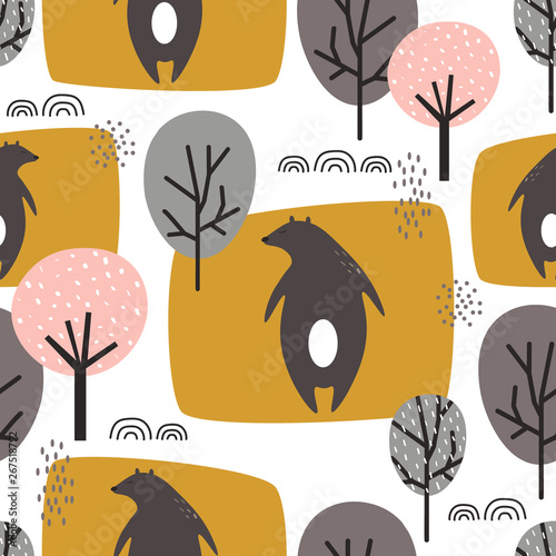 Seamless pattern  bears and trees  hand drawn overlapping backdrop. Colorful background vector. Illustration with animals. Decorative wallpaper  good for printing