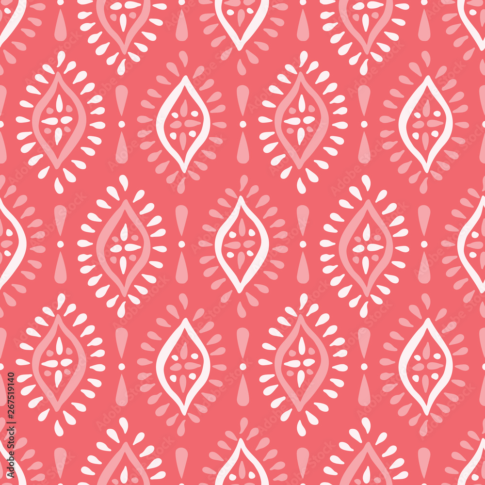 Monochrome Coral Boho Handdrawn Diamonds Vector Seamless Pattern. White and Pink Elegant Ethnic Traditional Background