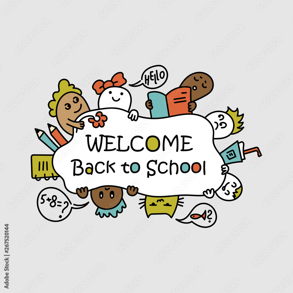 Back to school poster with doodles. children of different nationalities. Vector illustration Back to school poster with doodles. children of different nationalities. Vector illustration