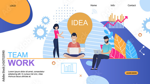 Team Work Landing Page with Creating Ideas Process. Cartoon Coworkers Researching, Brainstorming, Analyzing, Working on Laptop. Friendly Open Space Workplace Metaphor. Vector Flat Illustration