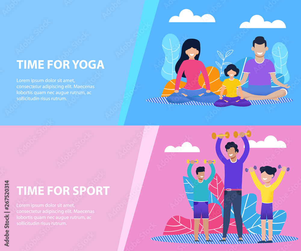 Time for Family Yoga or Sport Flat Banners Easy to Edit Set. Cartoon Mother, Father and Daughter Meditating in Lotus Position. Dad with Diverse Children Exercising with Dumbbells. Vector Illustration
