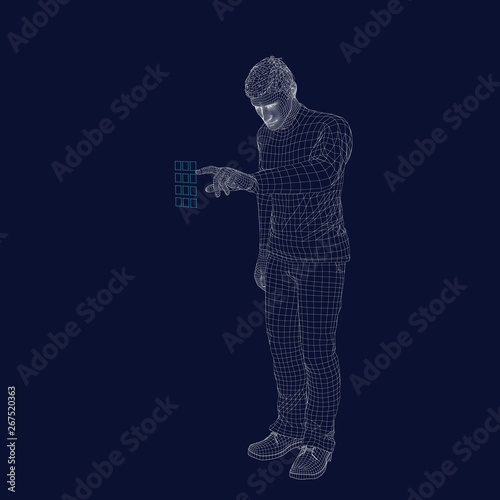 Man entering pin code. Wireframe human body. Vector outline.