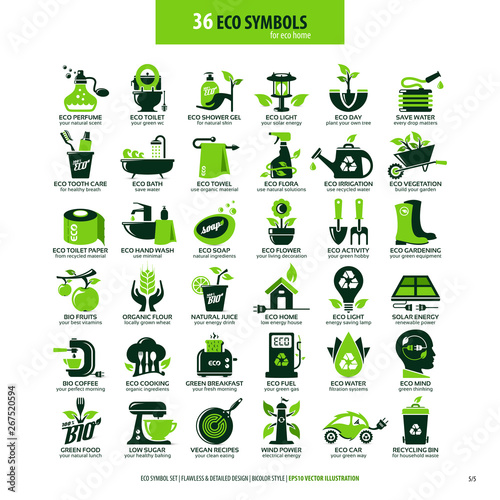 collections of eco friendly flat symbols, high detailed icons, graphic design web elements, alternative ecological concept, isolated emblems on clean white background, logotype vector art illustration
