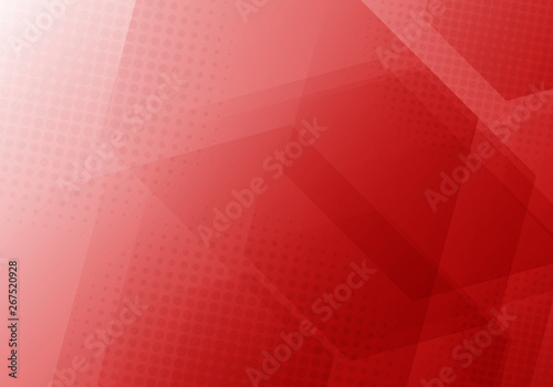 Abstract red geometric hexagons overlapping background with halftone radial texture.