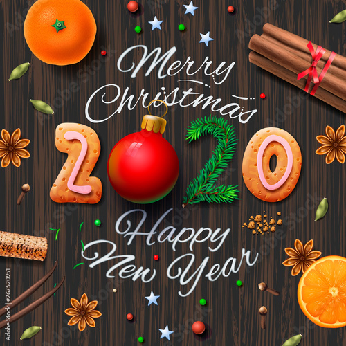 Merry Christmas, Happy New Year 2020, vintage background With Typography and spices for Christmas drink mulled wine, vector illustration.