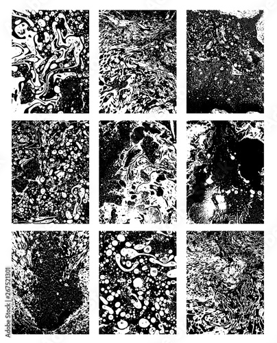 Set of Ink marbling textures. Abstract backgrounds Black and white. Hand drawn marble illustrations, ebru aqua paper and silk prints. Painting on water. Vector isolated on white background.