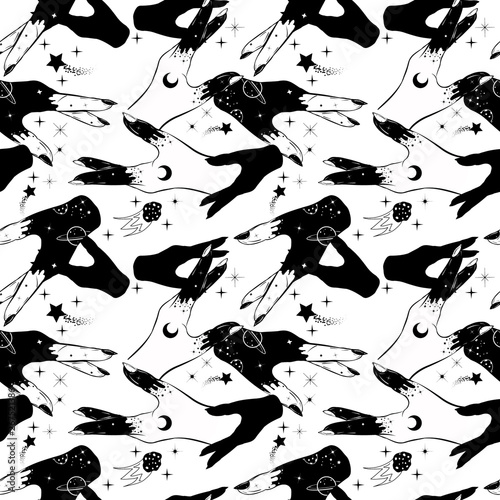 Dark gothic seamless pattern with witch's hands. Spiritual art.