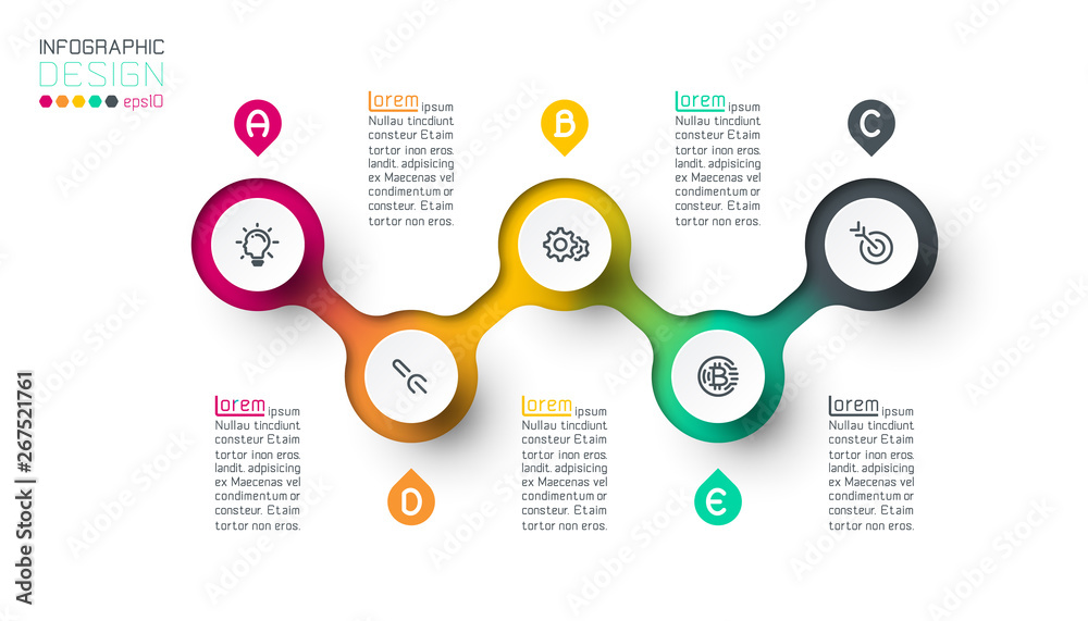 Circle label infographic with step by steps.