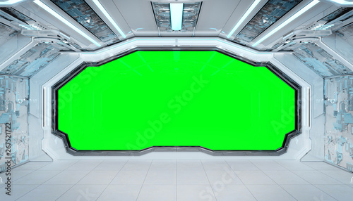 Fototapeta Naklejka Na Ścianę i Meble -  White blue spaceship futuristic interior mockup with window view 3d rendering